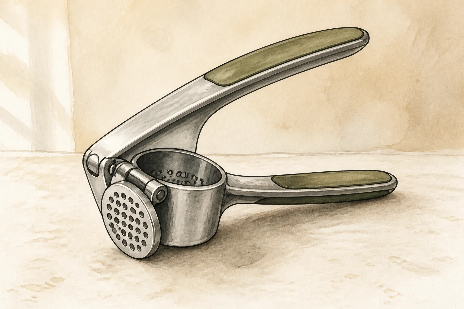 AI-generated illustration of a generic garlic press; not the exact Hehui GP-9