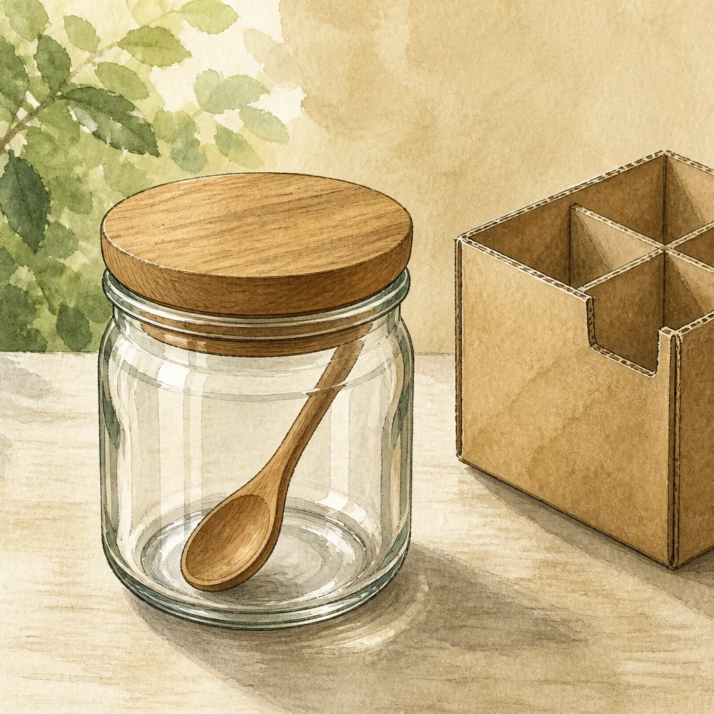 AI-generated conceptual illustration of a generic glass condiment jar and packing divider