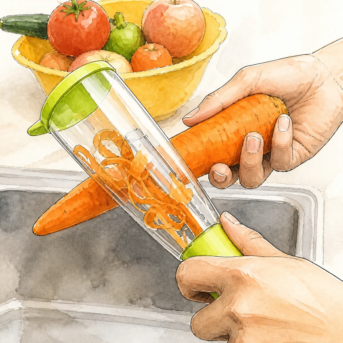 AI-edited watercolor illustration of a generic peeler with peel-collection chamber