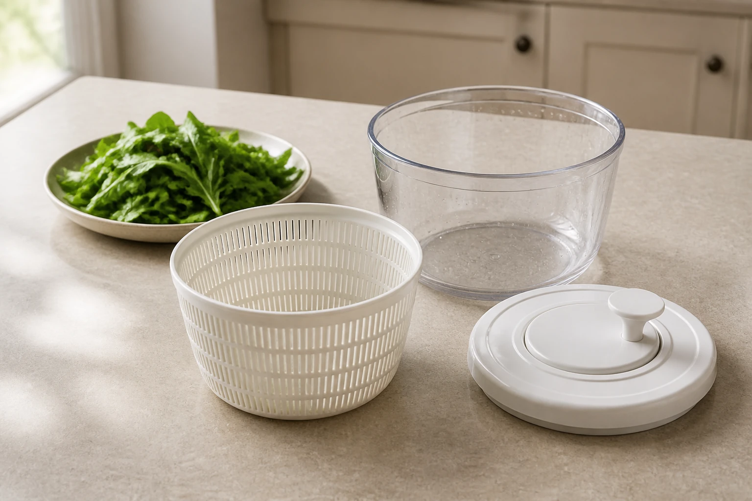Illustration of salad spinner components on a table