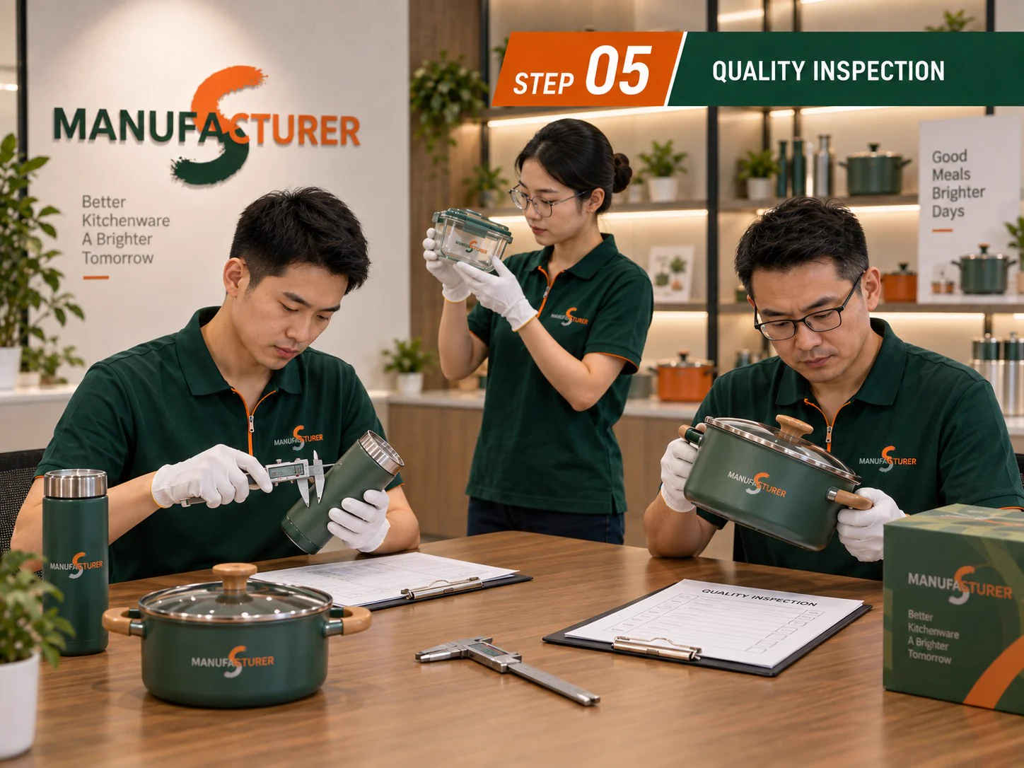 Inspecting kitchenware dimensions and finish
