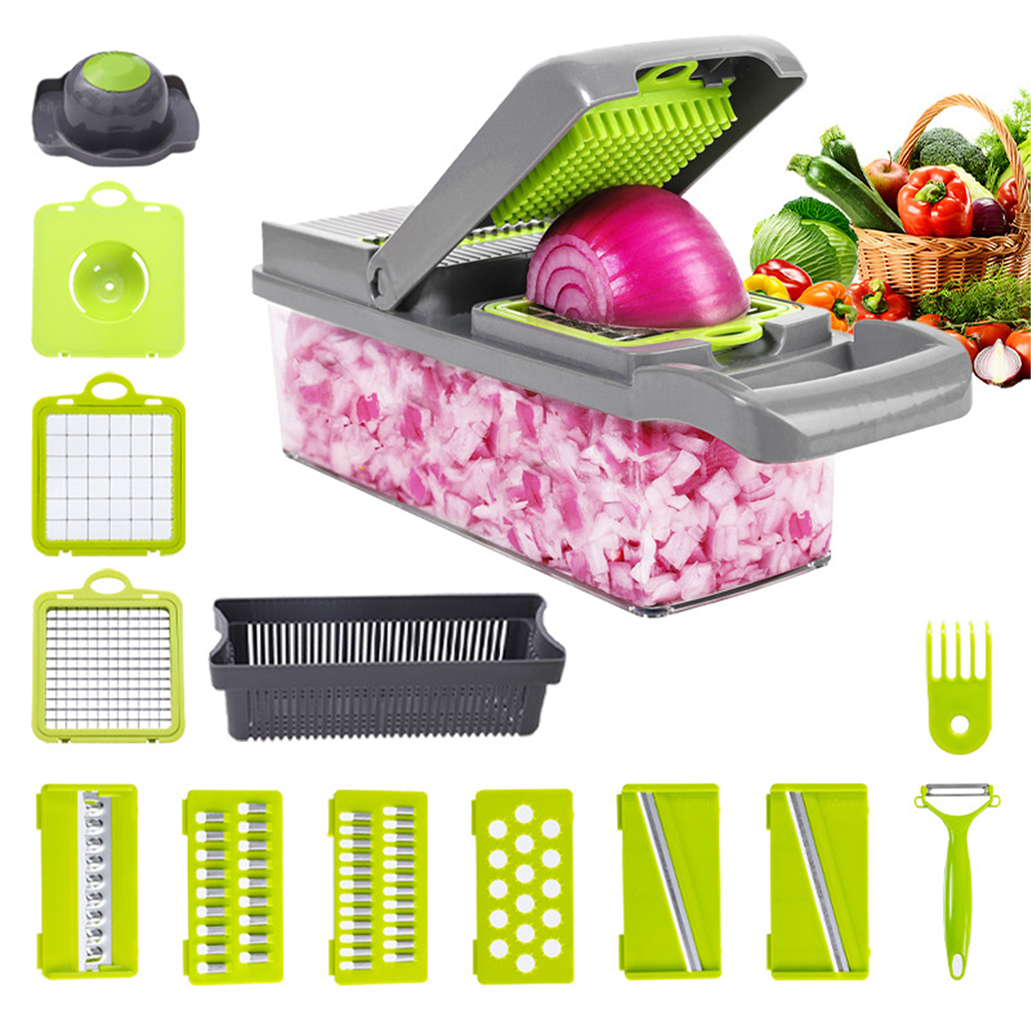 14-in-1 vegetable chopper kit with cutting inserts