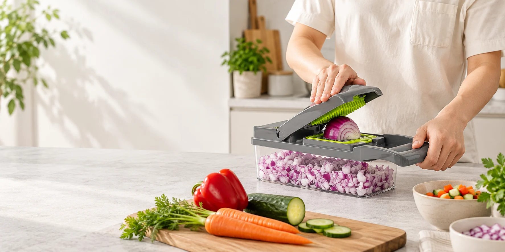 Illustrative kitchen scene of an adult using a vegetable chopper